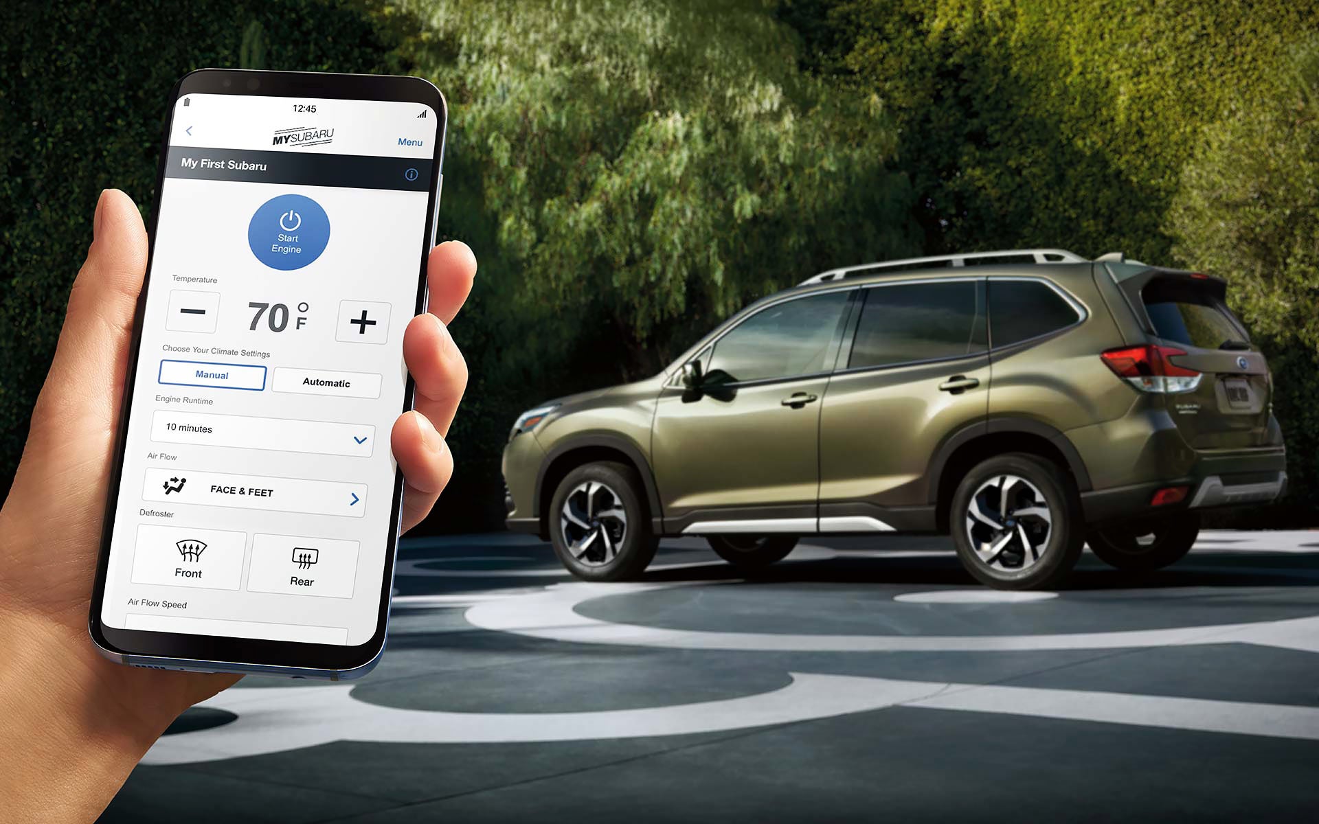 A close-up of a phone showing the Remote Engine Start with Climate Control feature of SUBARU STARLINK® Safety and Security available on the 2022 Forester. | Wyatt Johnson Subaru in Clarksville TN
