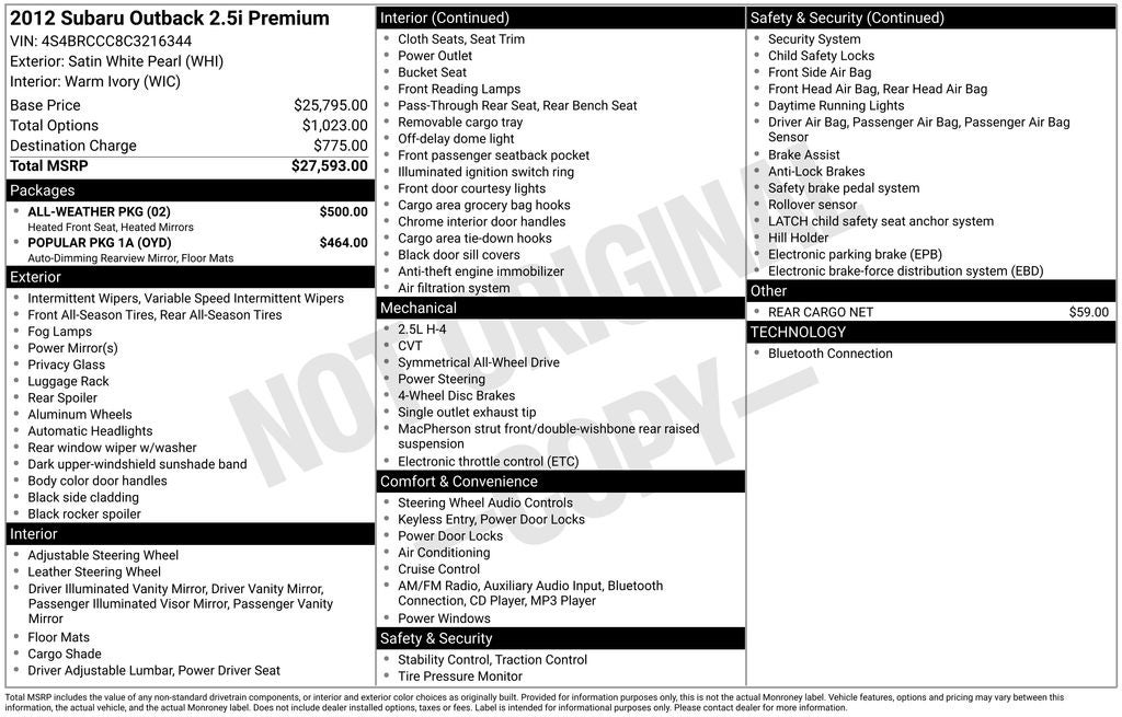 2012 Subaru Outback 2.5i Premium