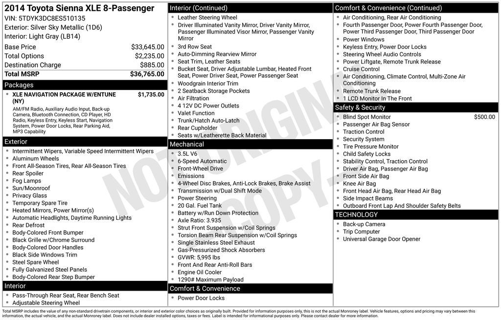 2014 Toyota Sienna XLE 7 Passenger
