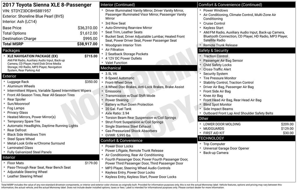 2017 Toyota Sienna L 7 Passenger