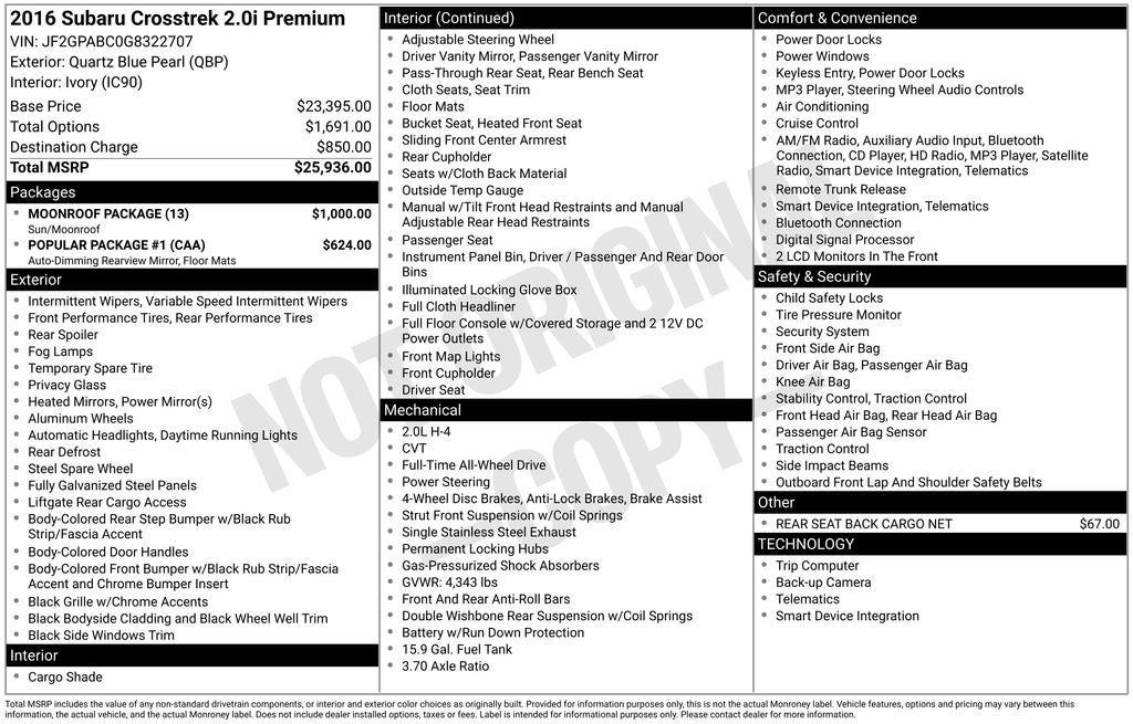 2016 Subaru Crosstrek 2.0i Premium