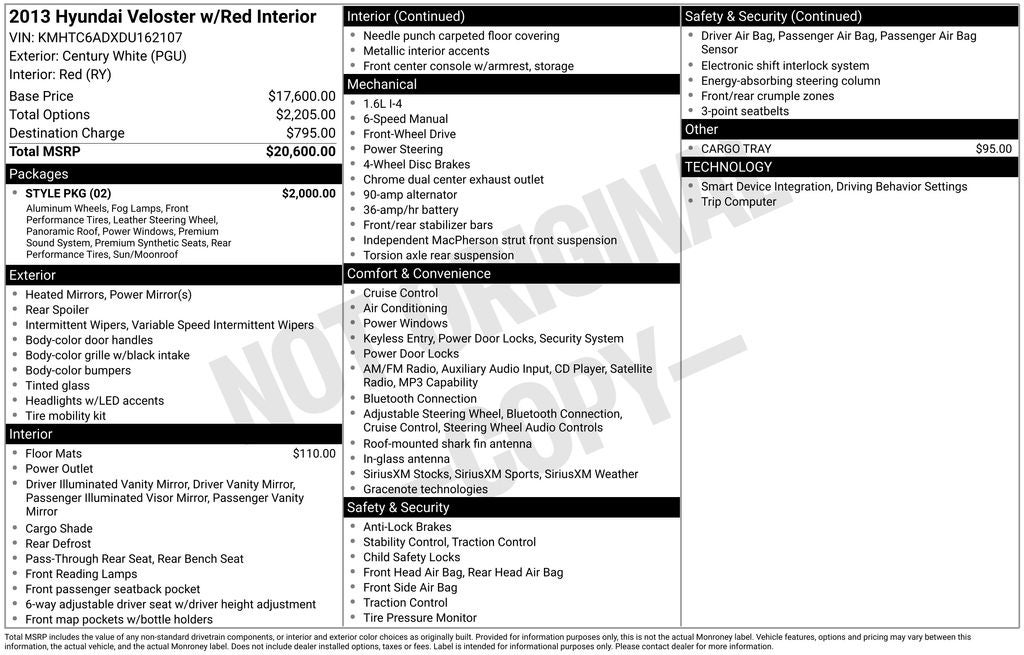 2013 Hyundai Veloster Base w/Red
