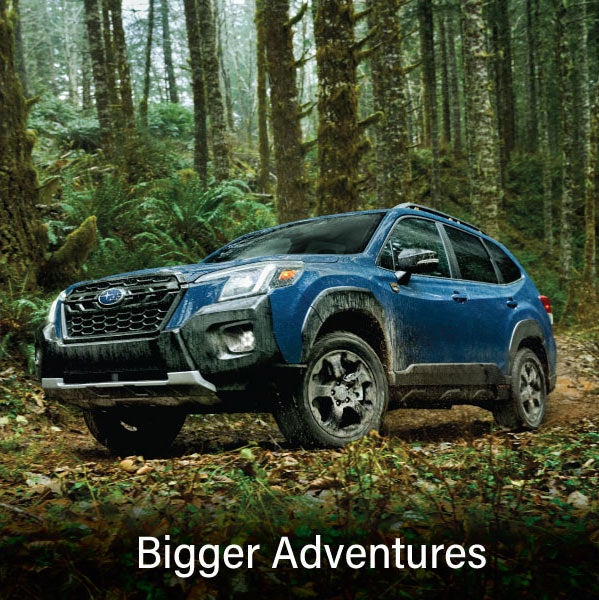 A blue Subaru outback wilderness with the words &ldquo;Bigger Adventures&ldquo;. | Wyatt Johnson Subaru in Clarksville TN