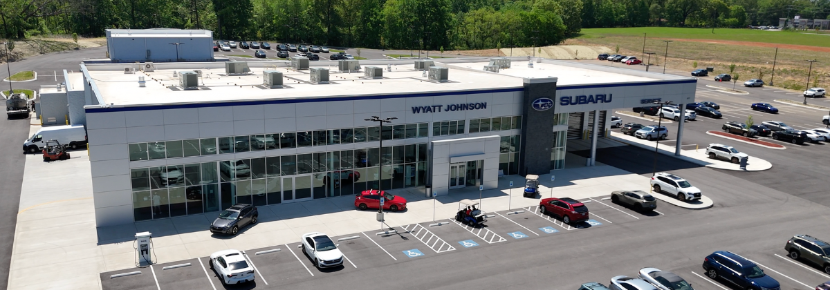 A sky view of the Wyatt Johnson Subaru dealership building and vehicle lot